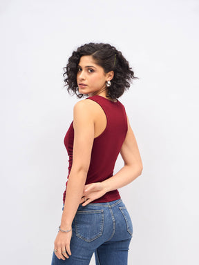 Maroon Box Back Front Ruched Top-SASSAFRAS
