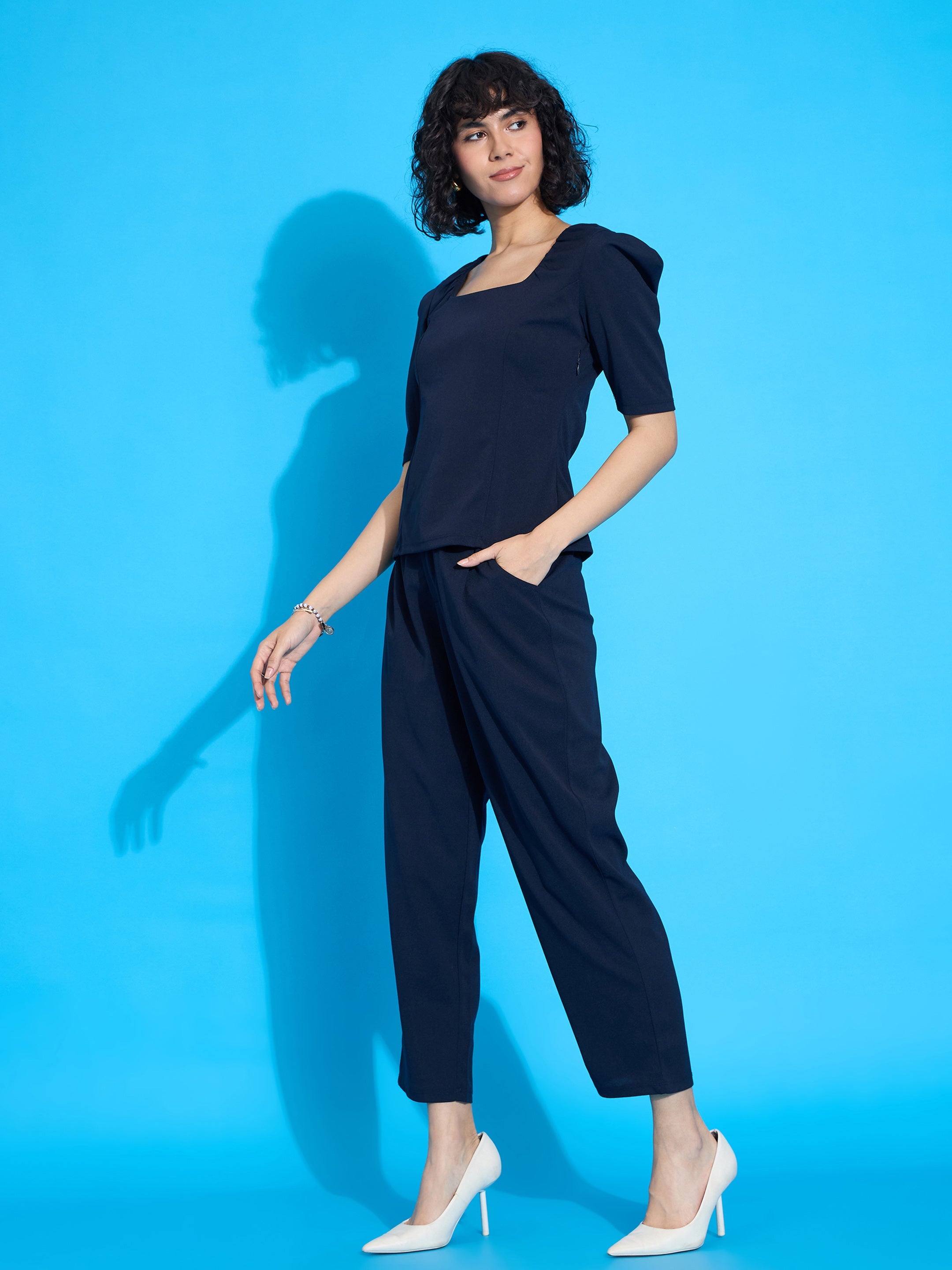 Navy Square Neck Puff Sleeve Top With Tapered Pants -SASSAFRAS worklyf