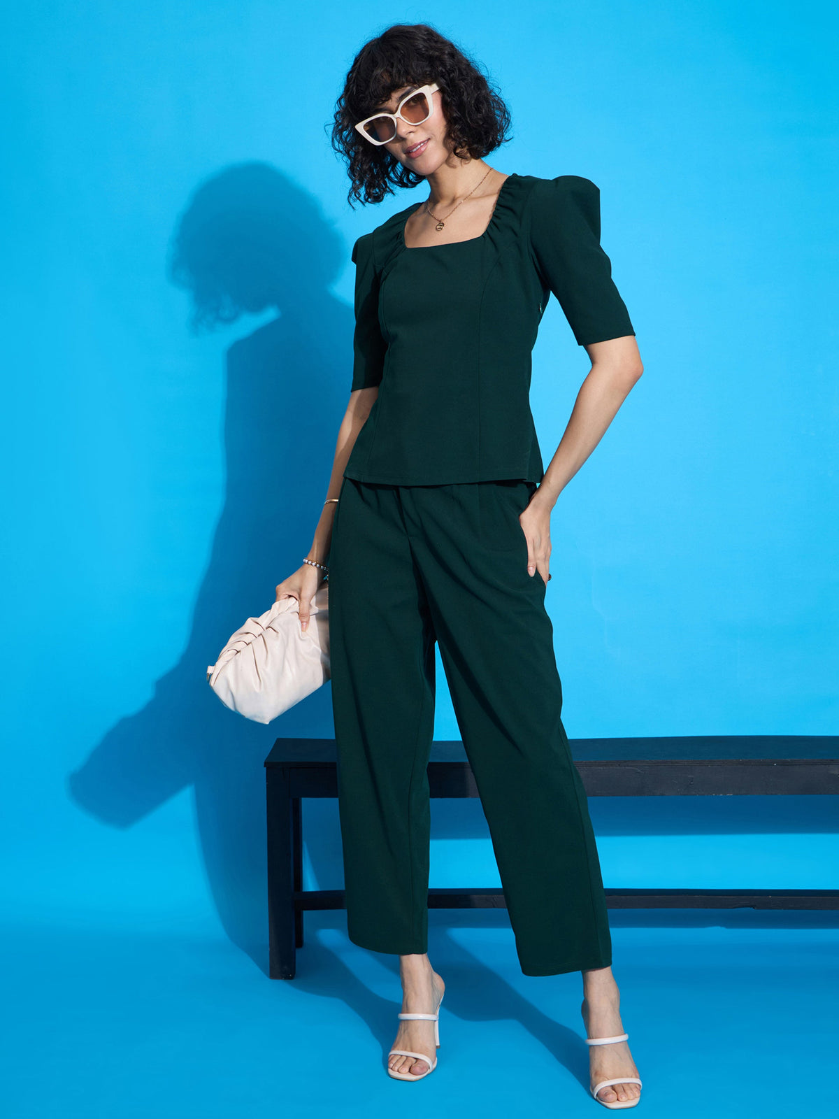 Emerald Square Neck Puff Sleeve Top With Tapered Pants -SASSAFRAS worklyf