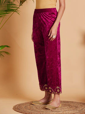 Women Fuchsia Velvet Embroidered Straight Pants
