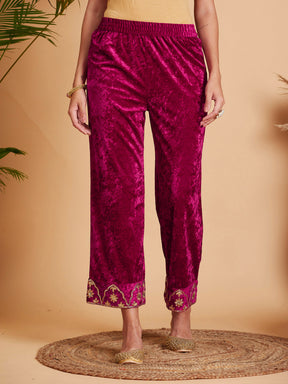 Women Fuchsia Velvet Embroidered Straight Pants