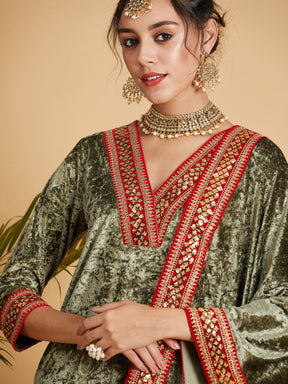 Women Olive Velvet Lace Detail Dushala