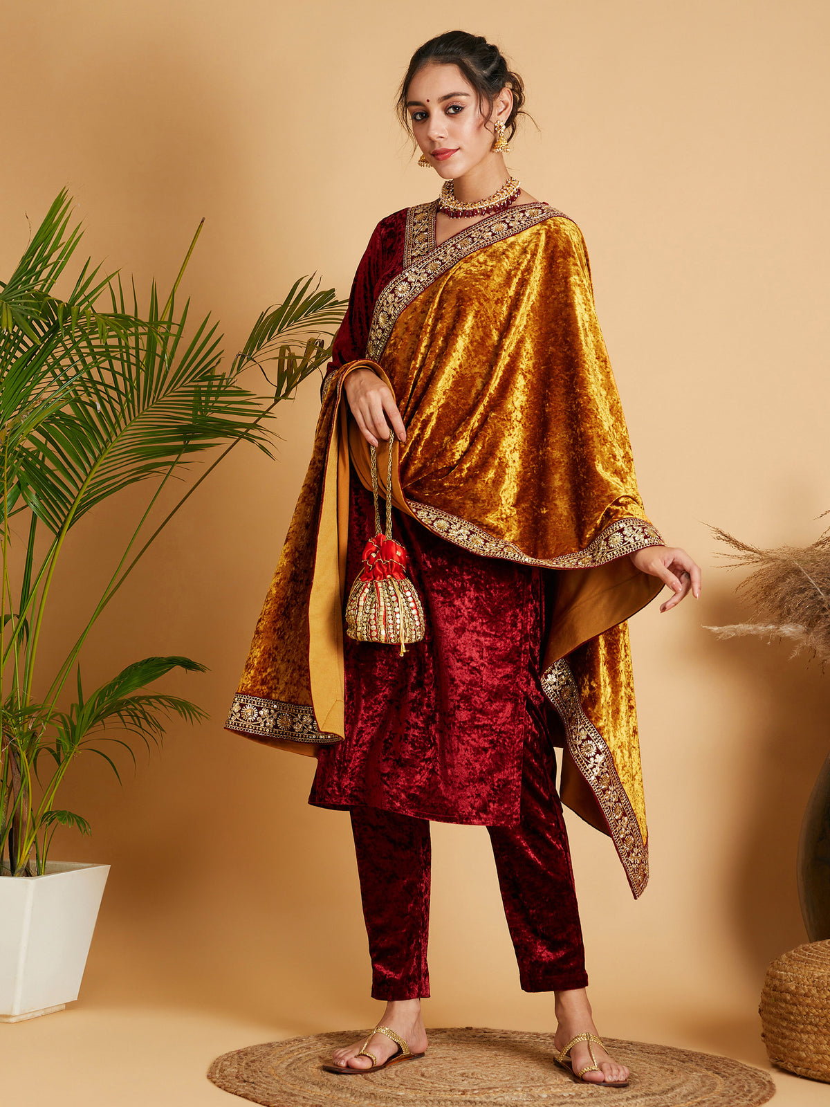Women Mustard Velvet Lace Detail Dushala