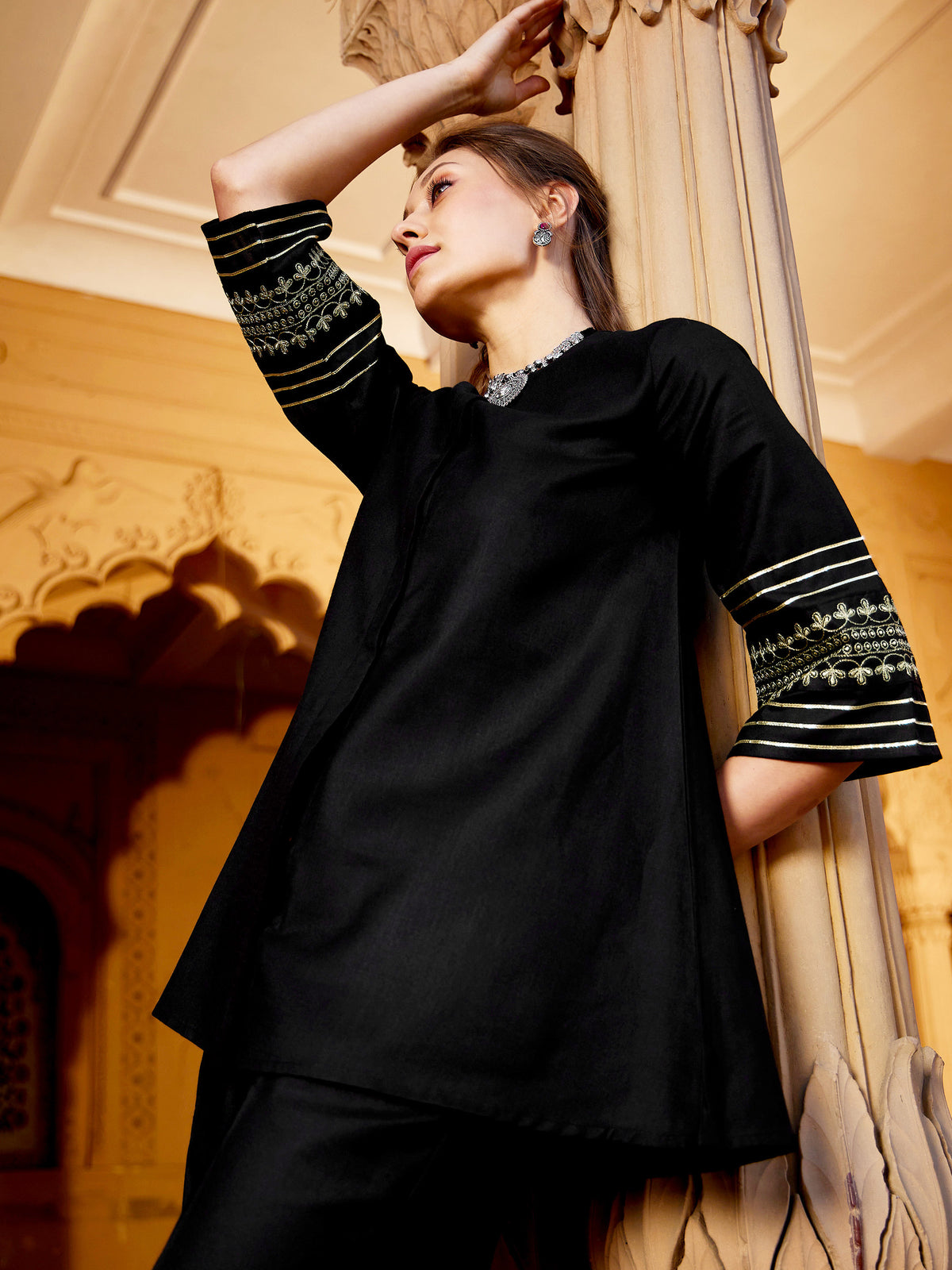 Women Black Embroidered Sleeve Shirt Kurti With Palazzos
