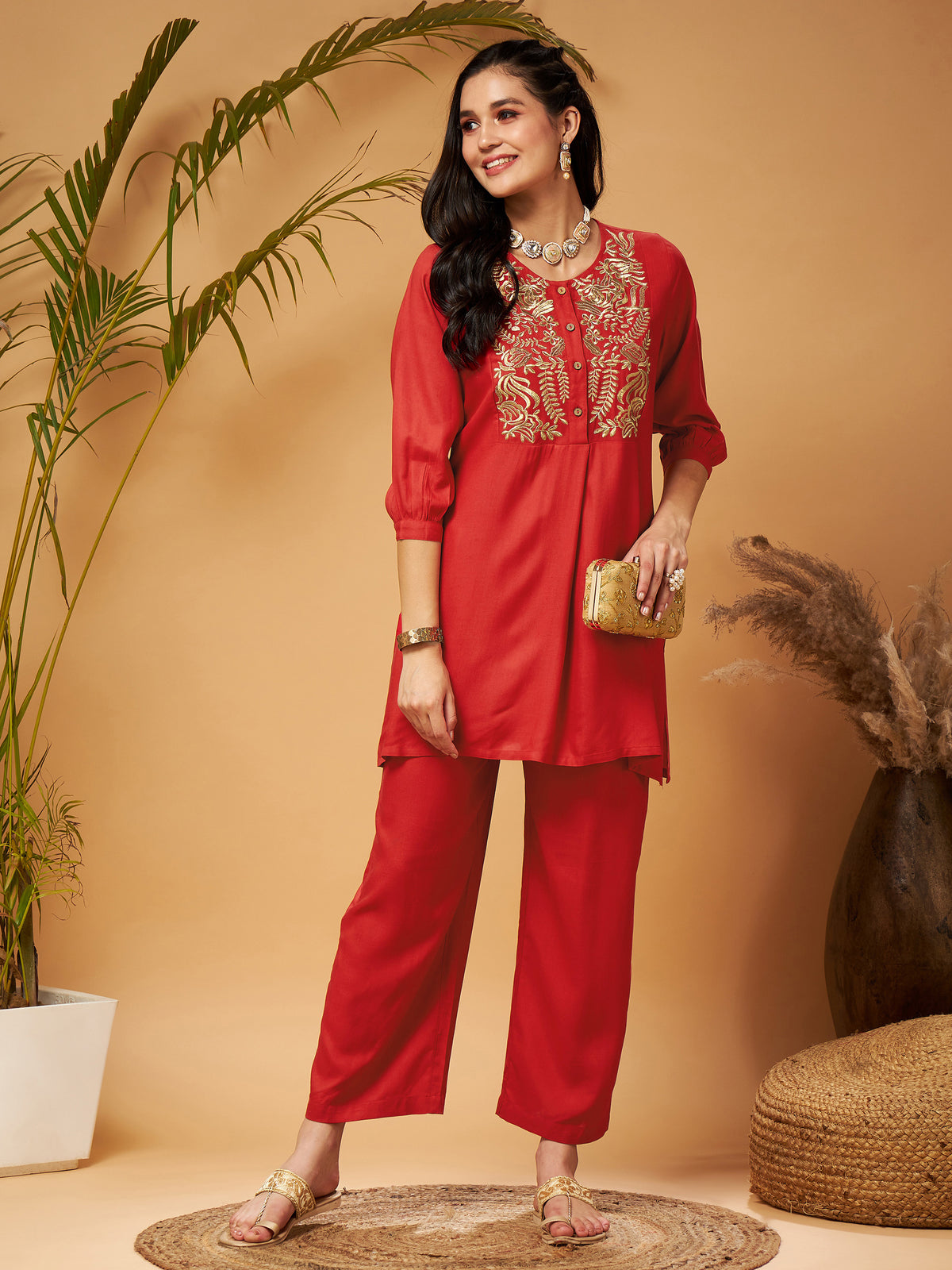 Women Red Bodice Zari Embroidered Top With Palazzos