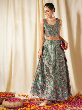 Women Olive Floral Anarkali Skirt With Crop Top