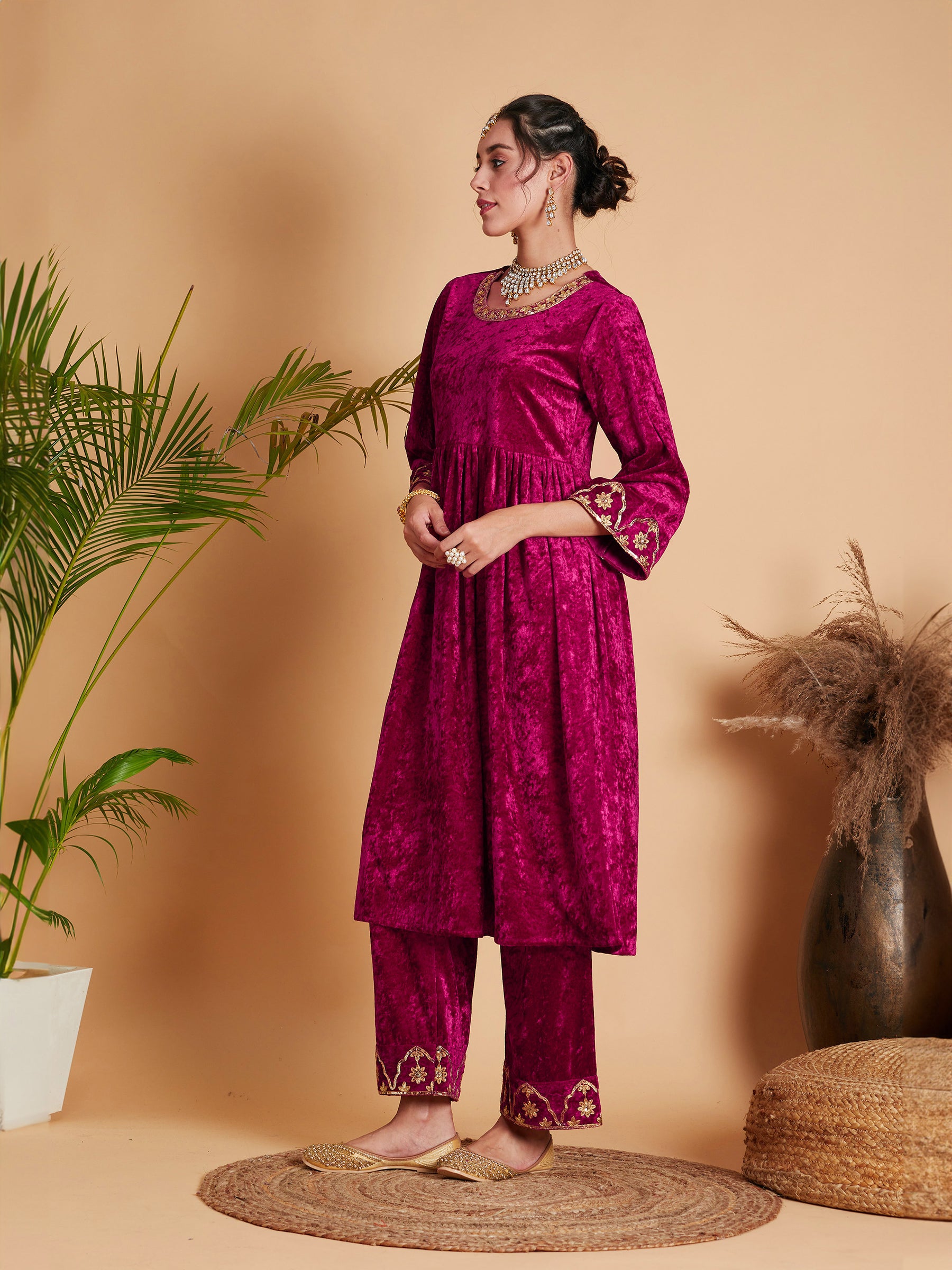 Women Fuchsia Velvet Embroidered Dress With Pants