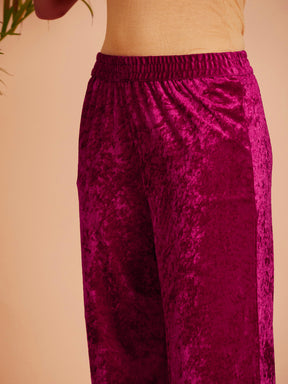 Women Fuchsia Velvet Embroidered Dress With Pants