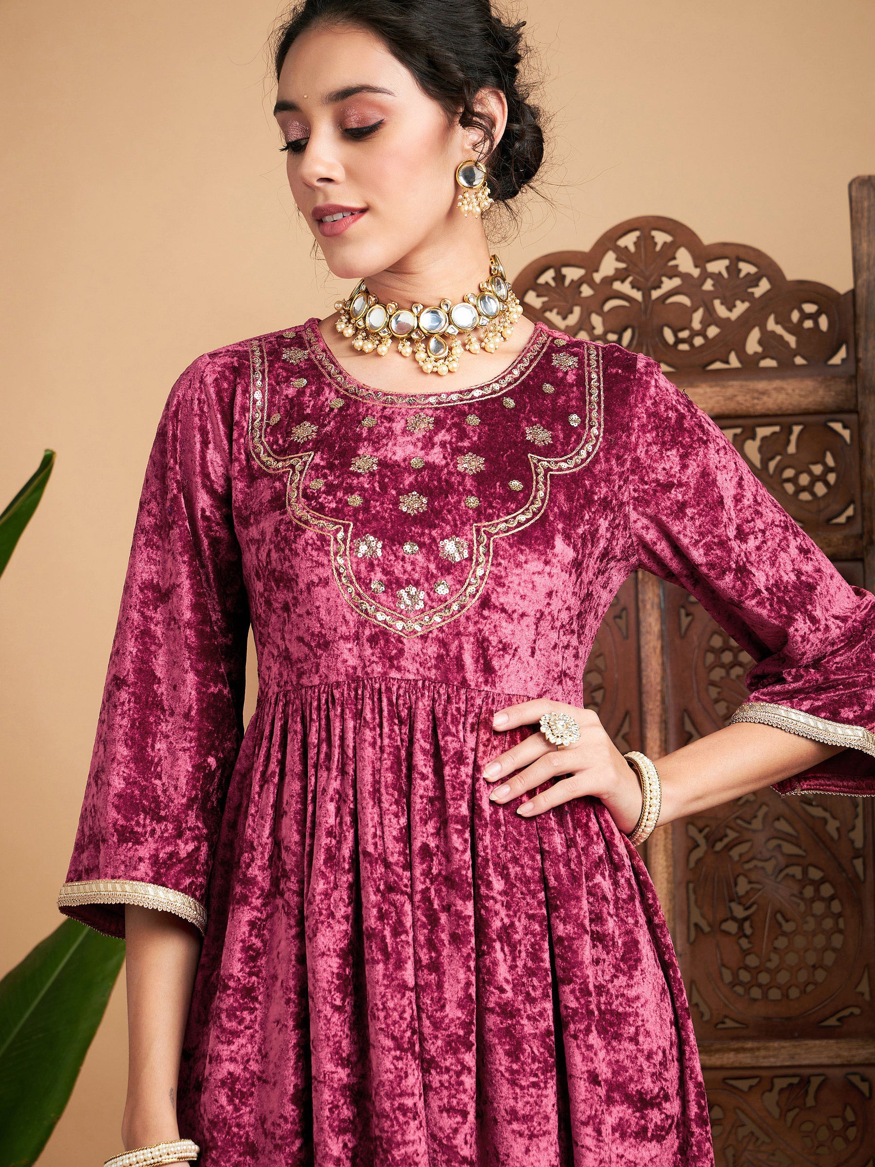 Women Pink Velvet Embroidered Gathered Kurta With Pants