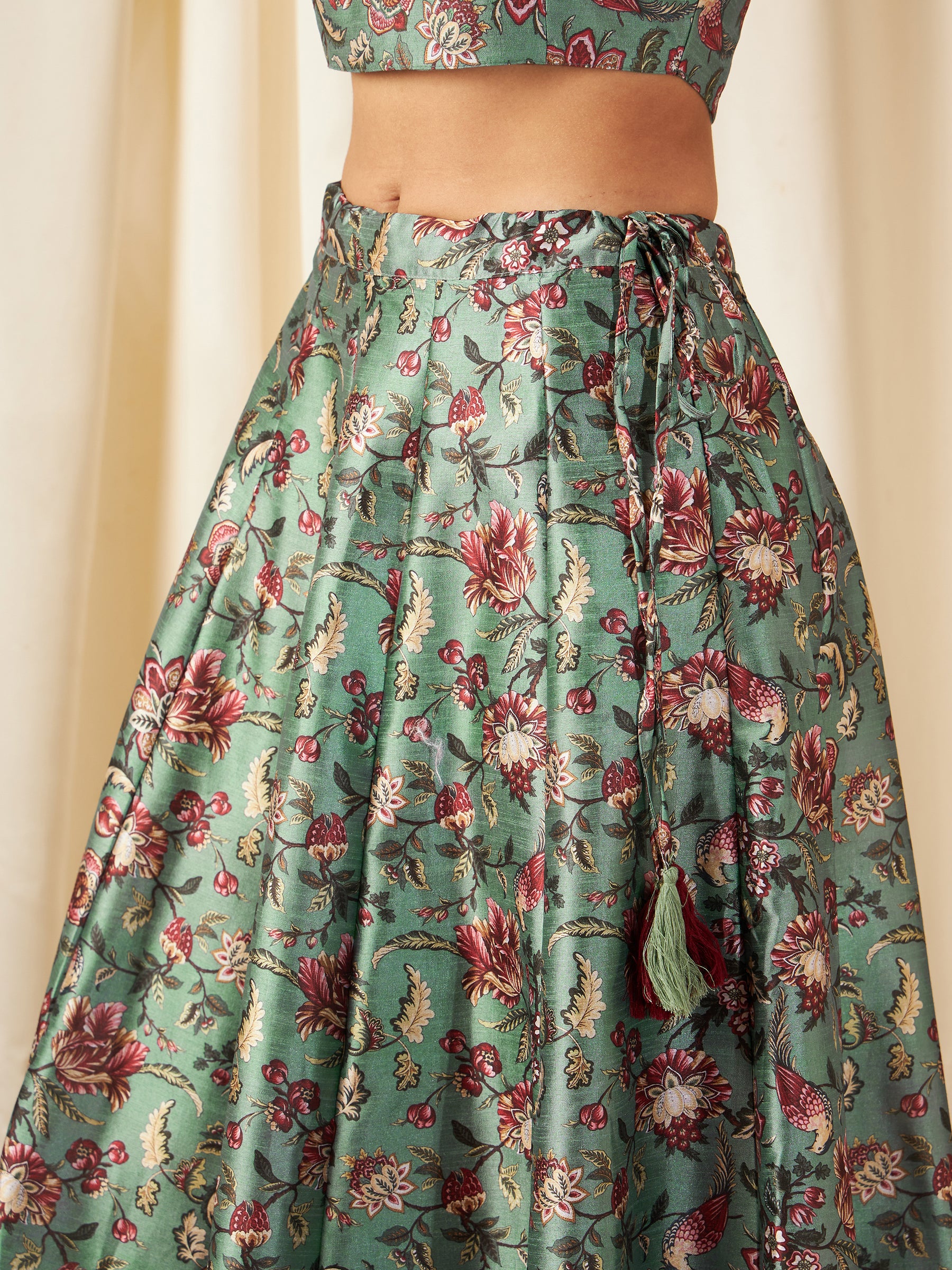 Olive PolySilk Floral Anarkali Skirt