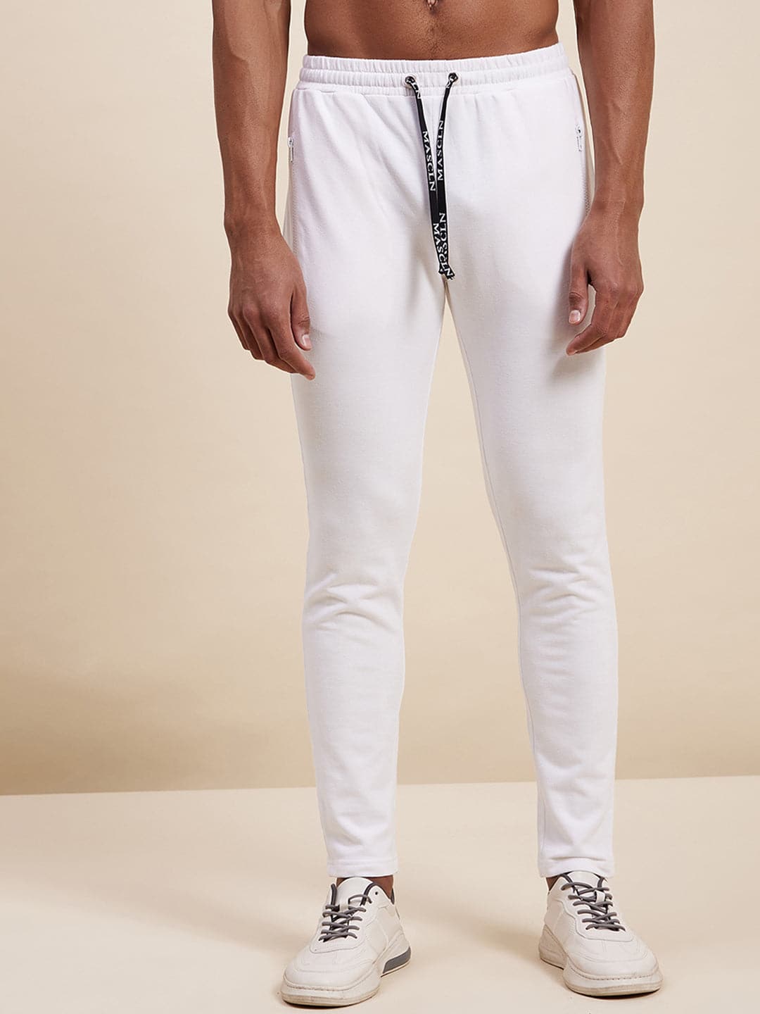 Men's White Slim Fit Zipper Pocket Joggers-Men's Track Pants-SASSAFRAS