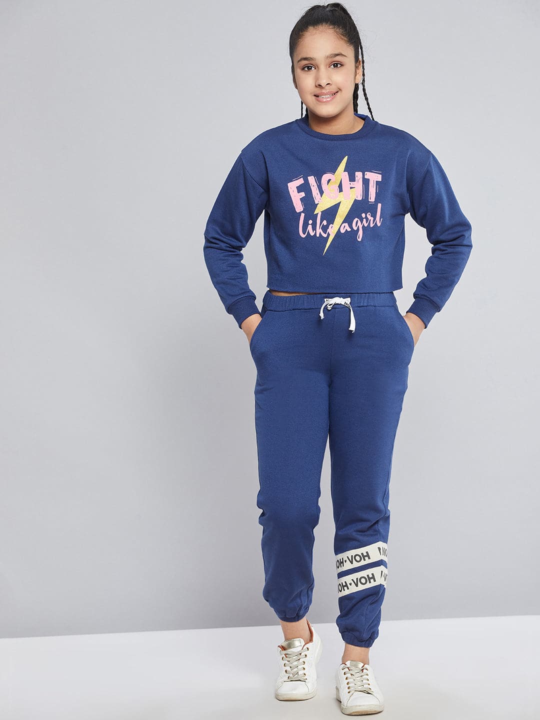 Girls Blue Fleece Brand Tape Joggers-Girls Track Pants-SASSAFRAS