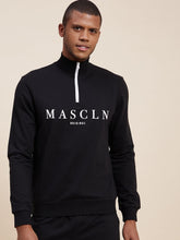 Men's Black High Neck Half Zipper MASCLN Sweatshirt-Men's Sweatshirt-SASSAFRAS