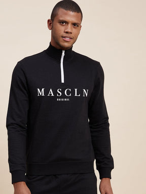 Men's Black High Neck Half Zipper MASCLN Sweatshirt-Men's Sweatshirt-SASSAFRAS
