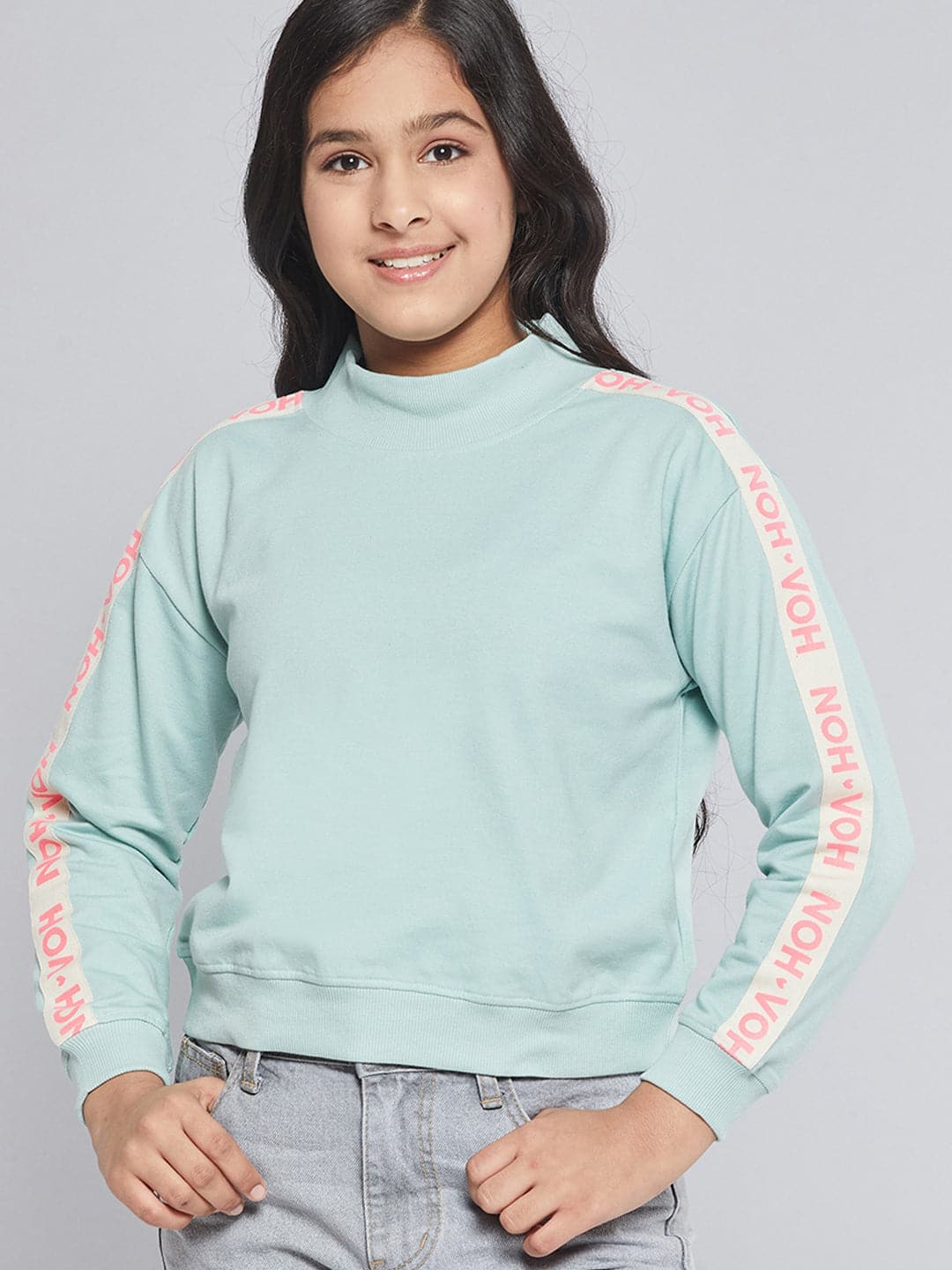 Girls Blue Terry Brand Tape High Neck Sweatshirt-Girls Sweatshirts-SASSAFRAS