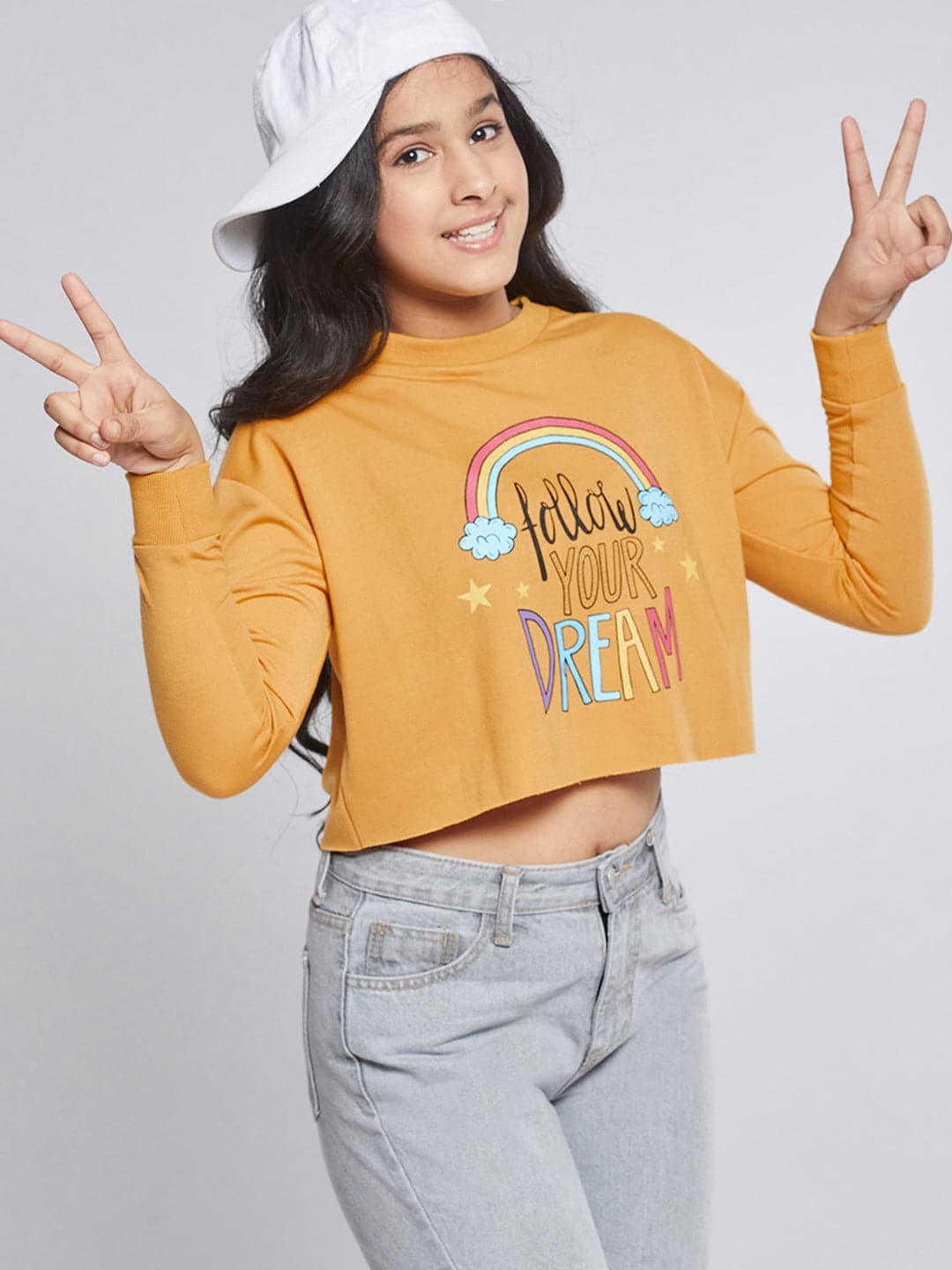 Girls Mustard Terry FOLLOW DREAM Crop Sweatshirt-Girls Sweatshirts-SASSAFRAS