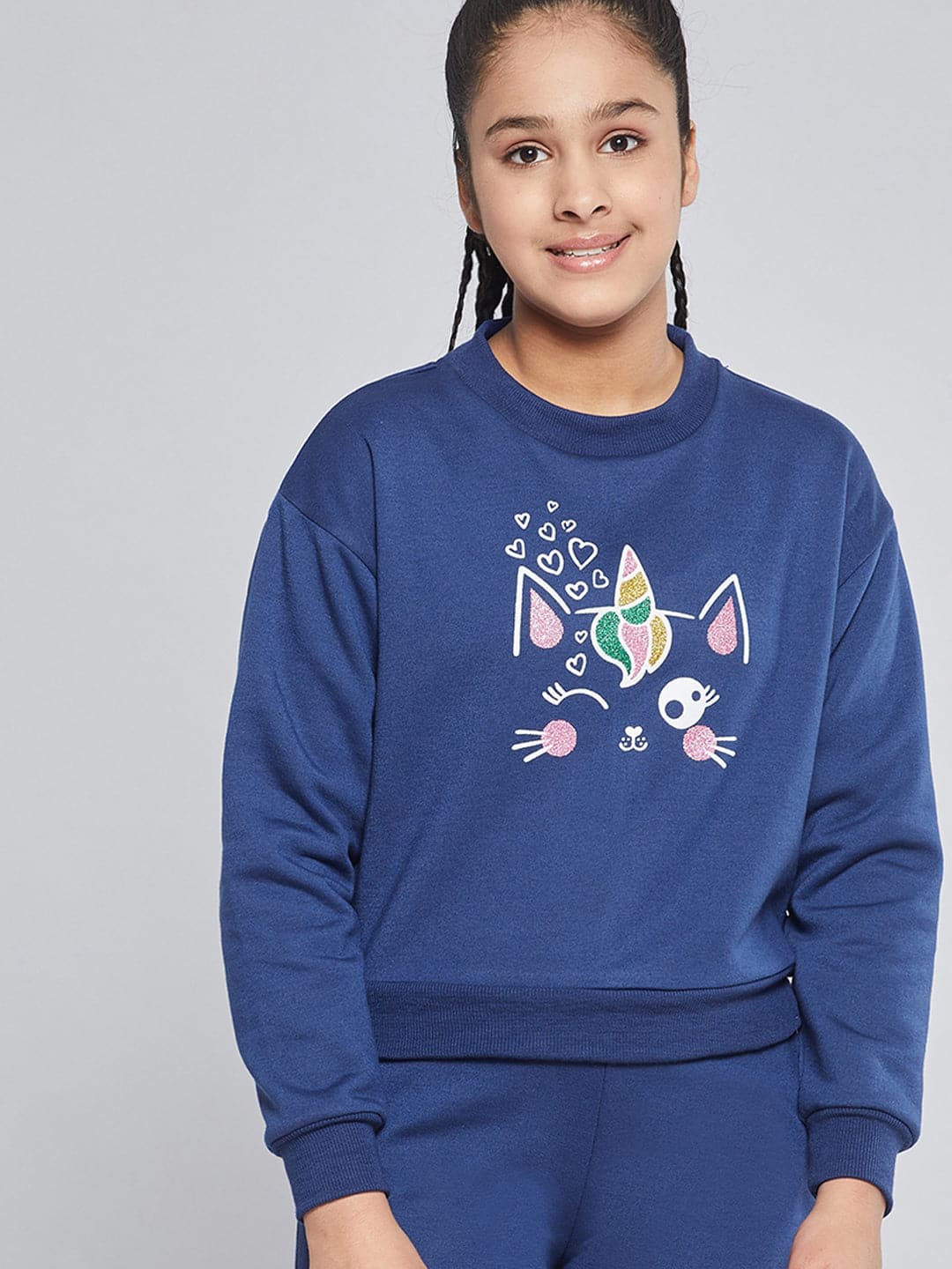 Girls Blue Fleece Glitter Print Sweatshirt-Girls Sweatshirts-SASSAFRAS