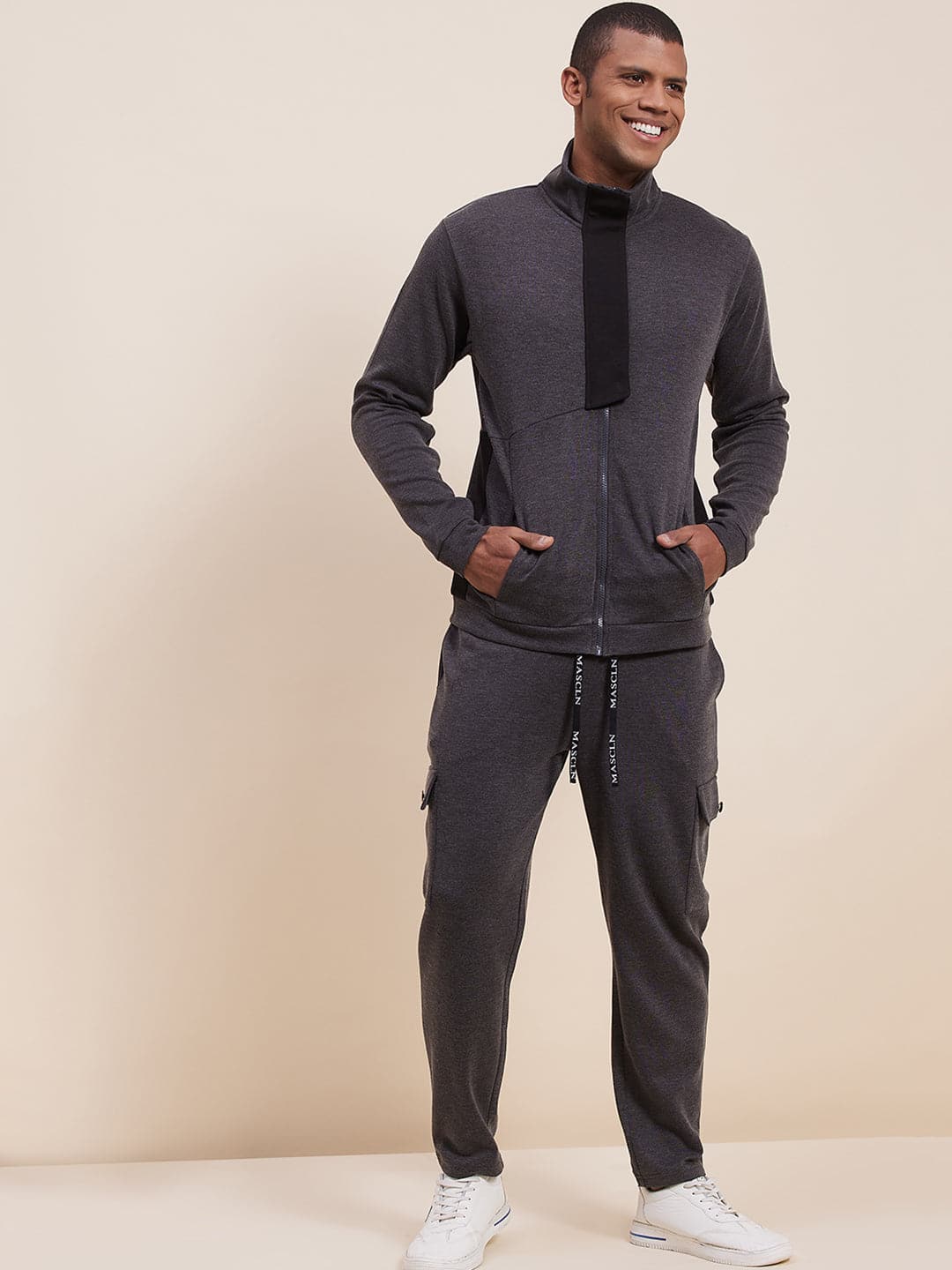 Men's Grey Melange High Neck Contrast Flap Jacket-Men's Jackets-SASSAFRAS