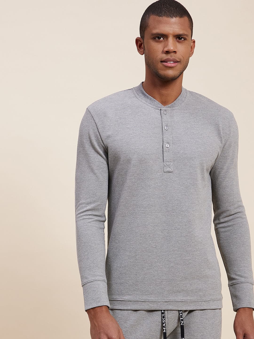 Men's Grey Melange Henley T-Shirt-Men's T-Shirt-SASSAFRAS