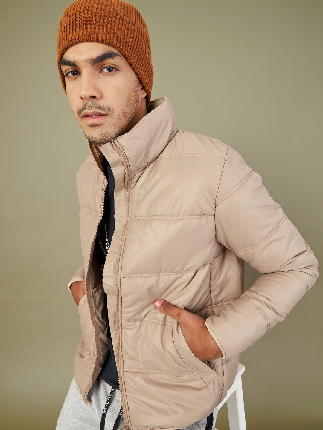 Khaki Full Sleeve Puffer Jacket -MASCLN