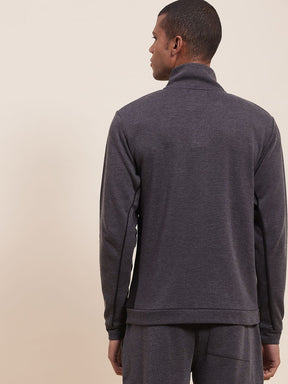 Men's Grey Melange High Neck Contrast Flap Jacket