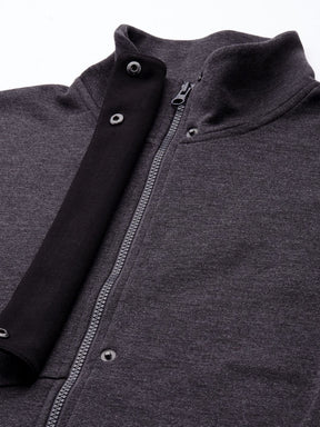 Men's Grey Melange High Neck Contrast Flap Jacket