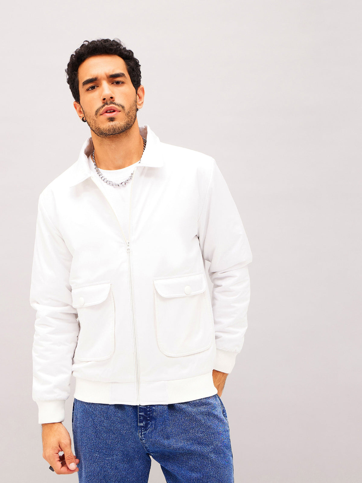 White Full Sleeve Front Pocket Jacket-MASCLN SASSAFRAS