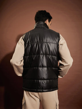 Black Fur Collar Sleeveless Puffer Jacket-MASCLN SASSAFRAS
