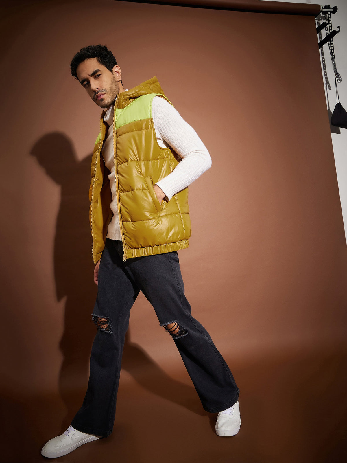 Khaki & Neon Yellow ColorBlock Sleeveless Hoodie Jacket-MASCLN SASSAFRAS