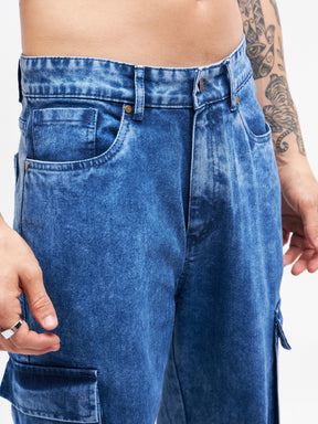 Blue Washed Utility Pocket Relax Fit Jeans-MASCLN SASSAFRAS