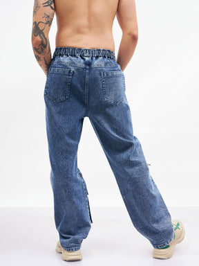 Blue Front Zipper Baggy Fit Jeans-MASCLN SASSAFRAS