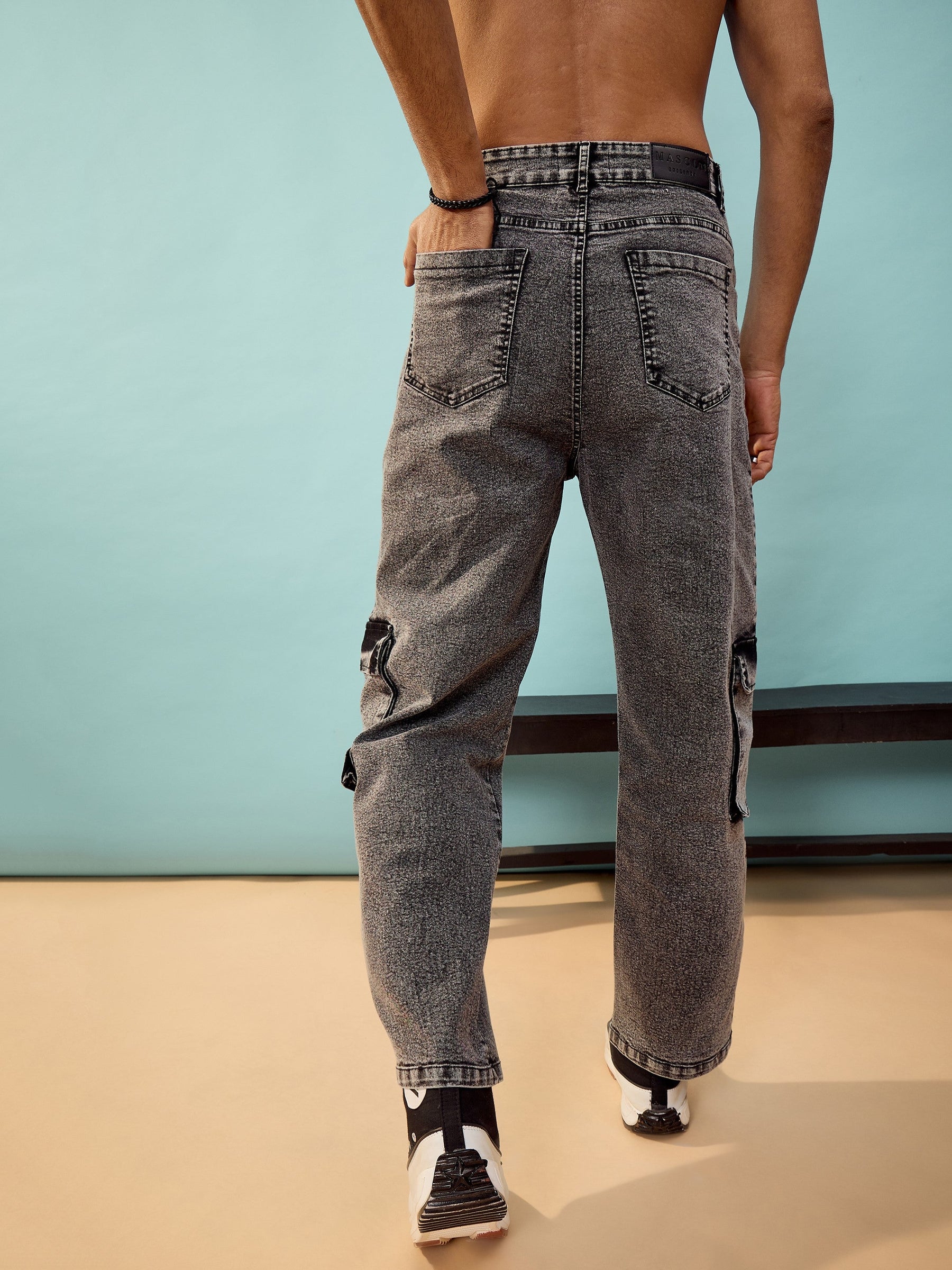 Black Washed Cargo Pocket Oversize Jeans-MASCLN SASSAFRAS