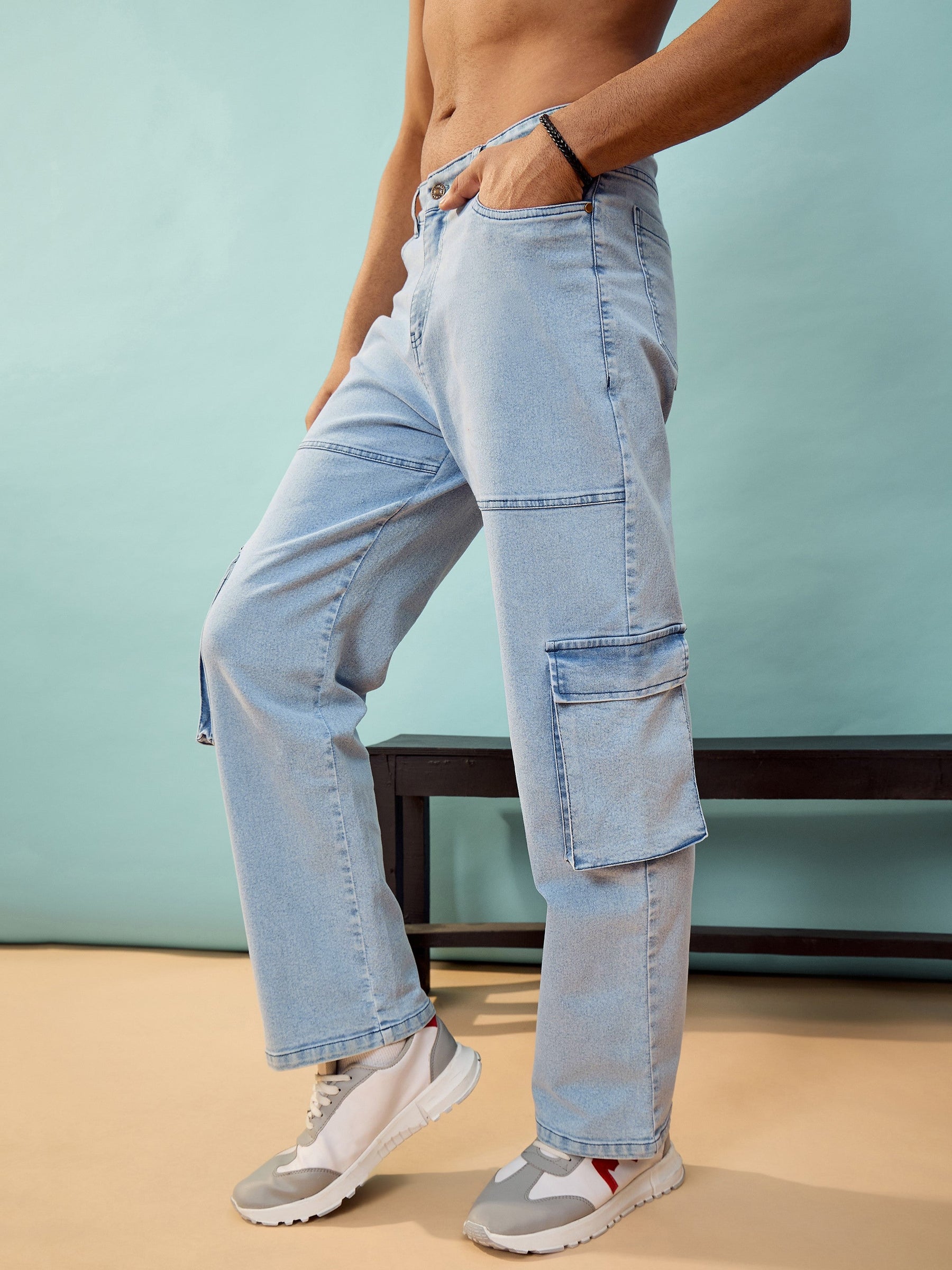 Blue Washed Cargo Pocket Oversize Jeans-MASCLN SASSAFRAS