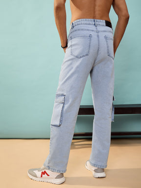 Blue Washed Cargo Pocket Oversize Jeans-MASCLN SASSAFRAS