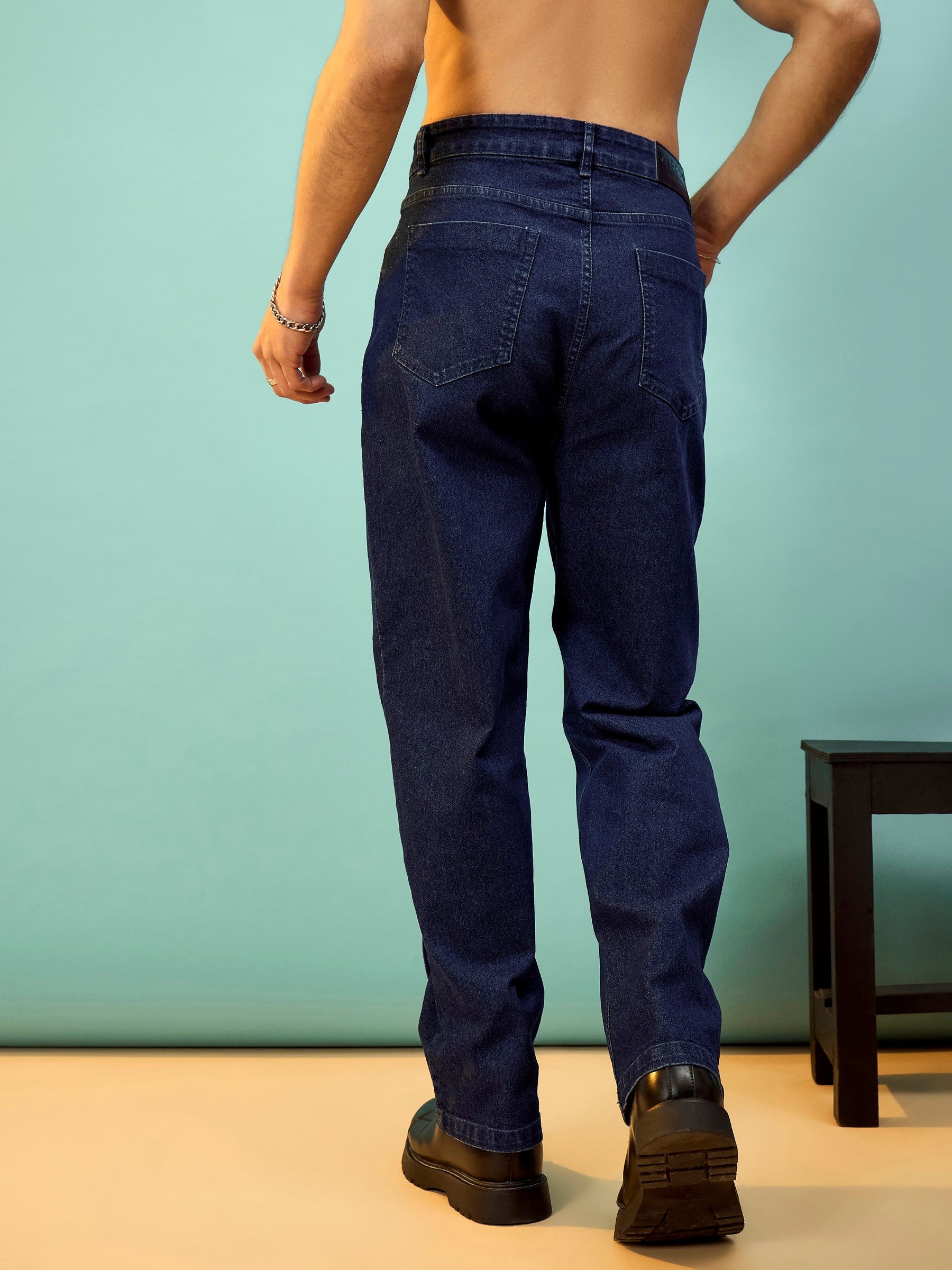 Navy Front Detail Oversize Jeans-MASCLN SASSAFRAS