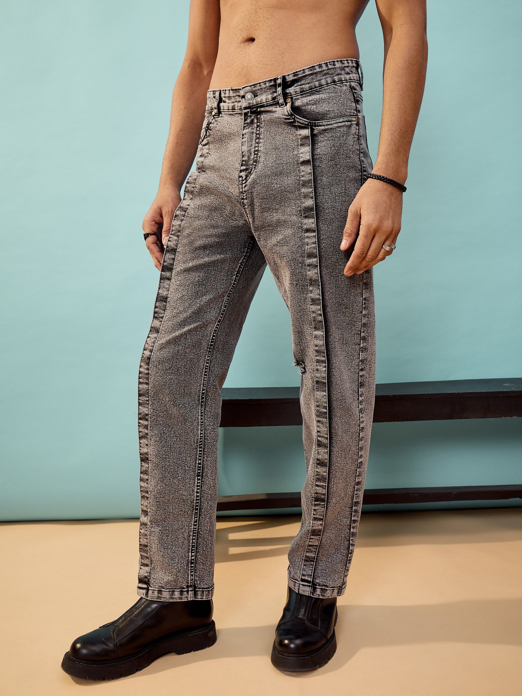 Black Front Detail Oversize Jeans-MASCLN SASSAFRAS