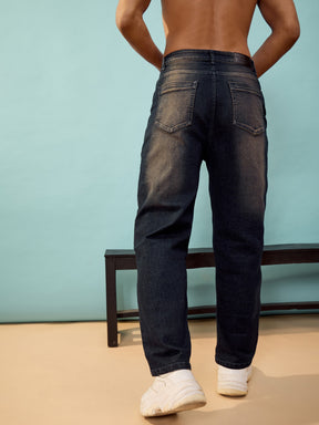 Navy Washed Distressed Oversize Jeans-MASCLN SASSAFRAS