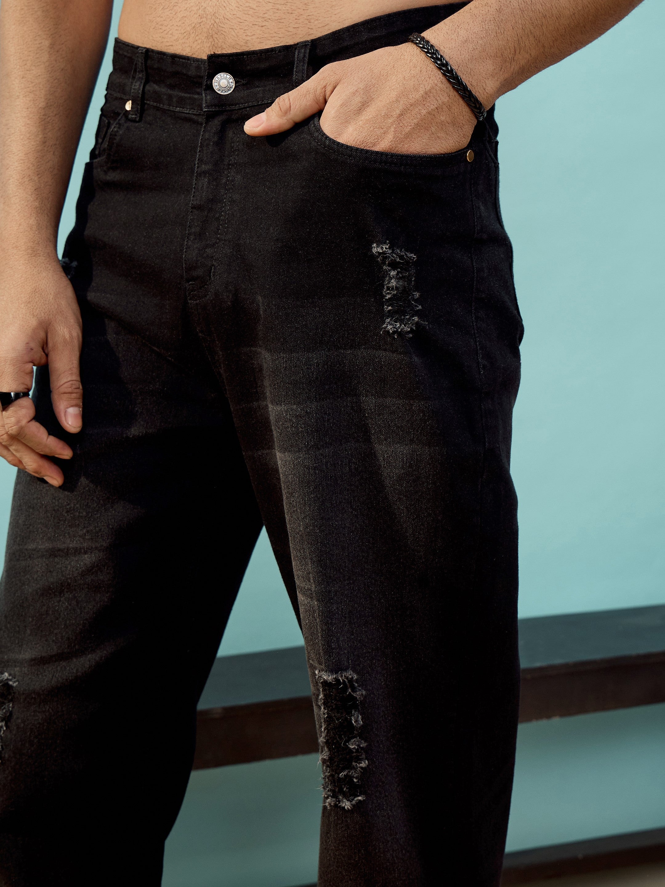 Black Washed Distressed Oversize Jeans-MASCLN SASSAFRAS