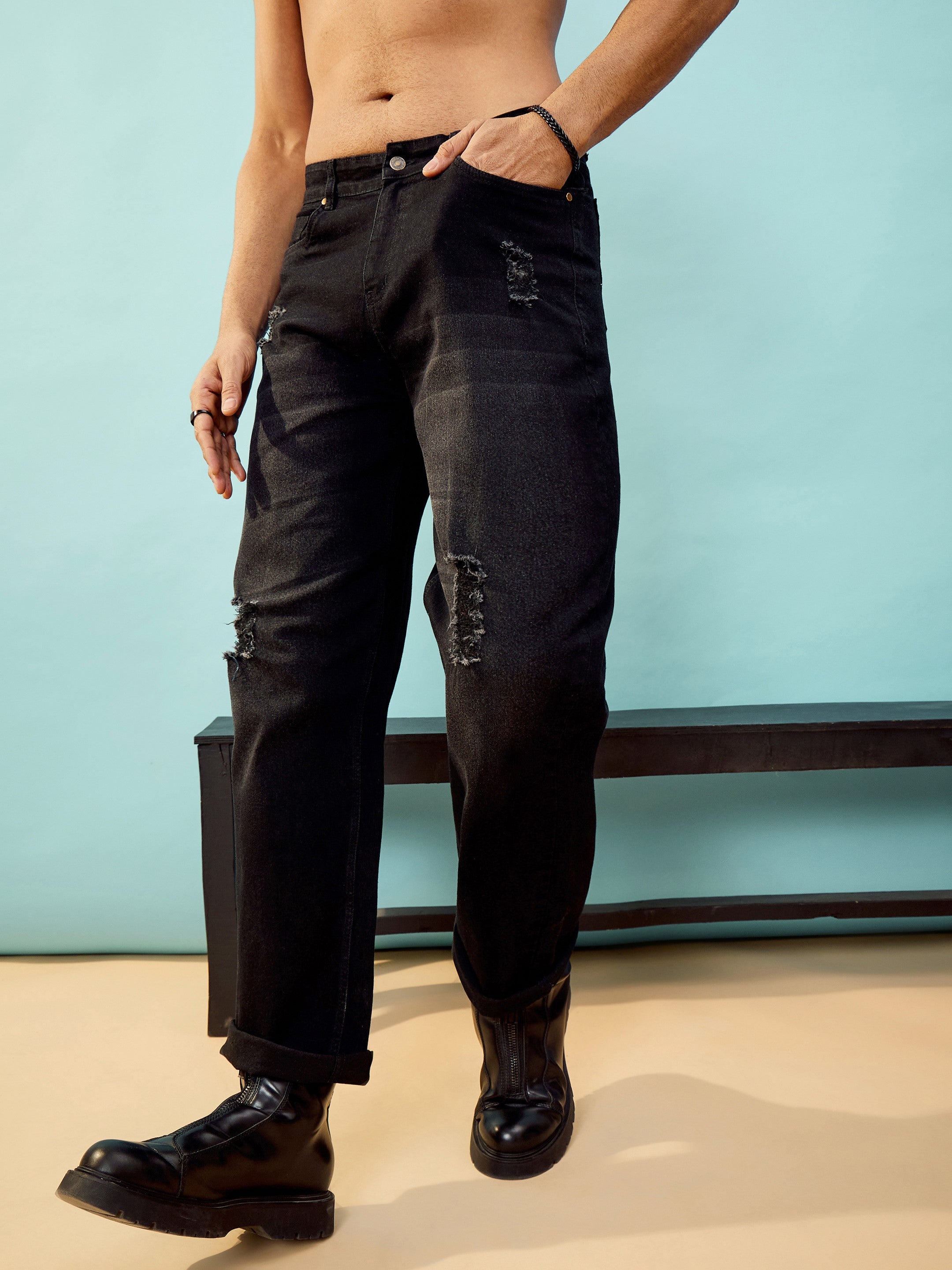 Black Washed Distressed Oversize Jeans-MASCLN SASSAFRAS