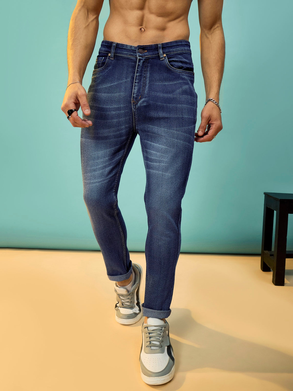 Navy Washed Slim Fit Jeans-MASCLN SASSAFRAS