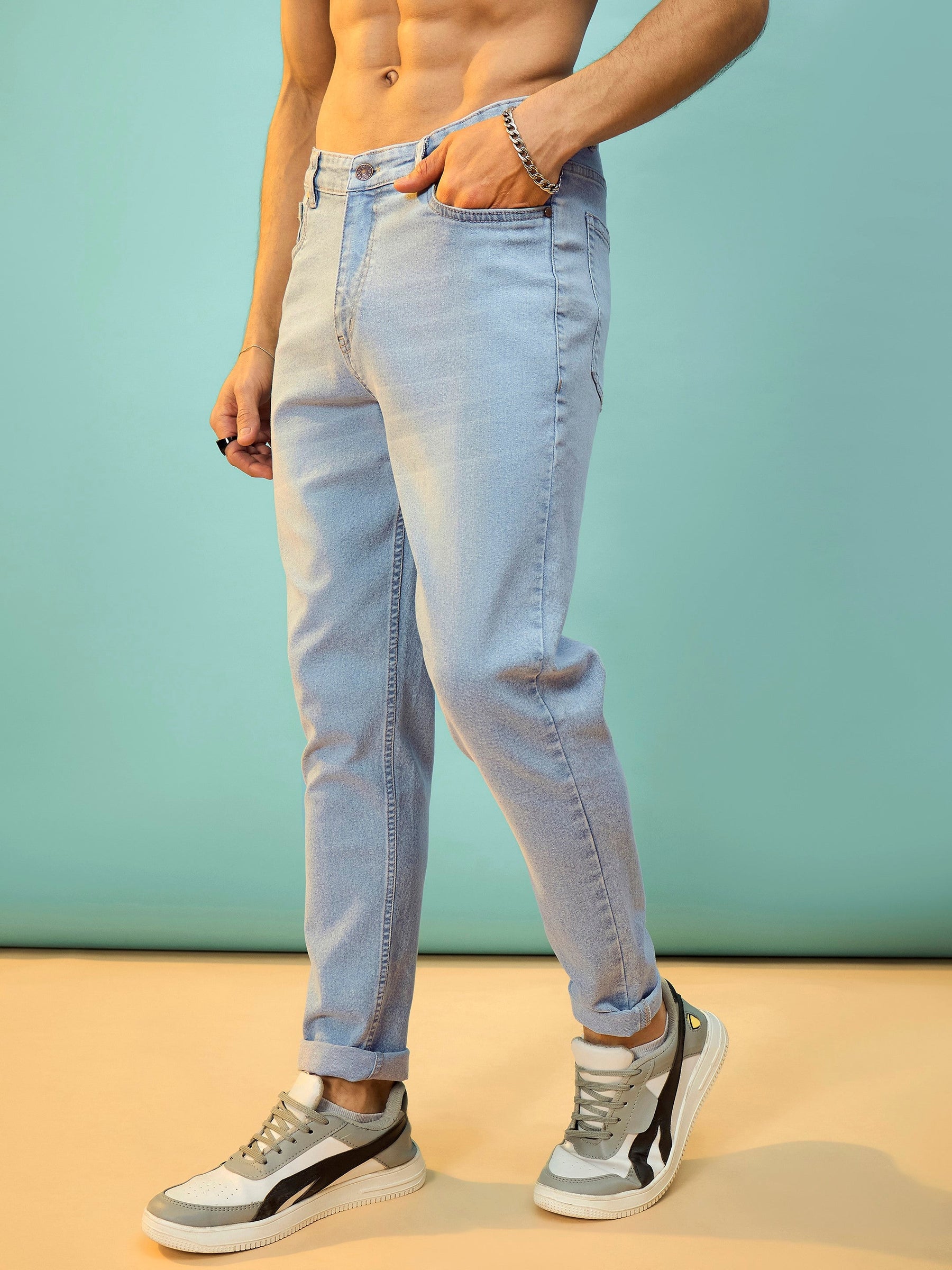 Blue Washed Slim Fit Jeans-MASCLN SASSAFRAS