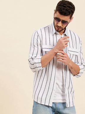 White & Grey Breton Stripes Flap Pocket Shirt-MASCLN