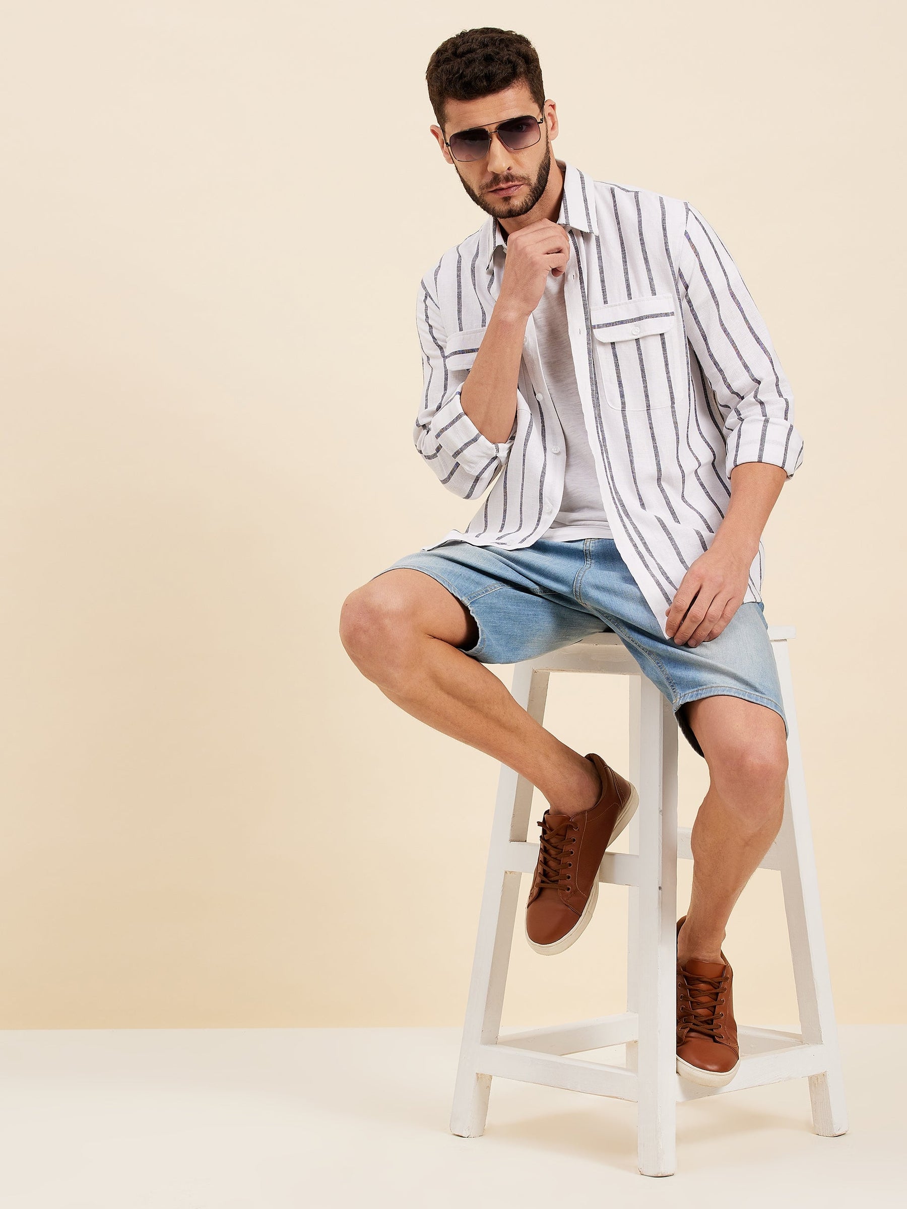 Men White & Grey Breton Stripes Flap Pocket Shirt