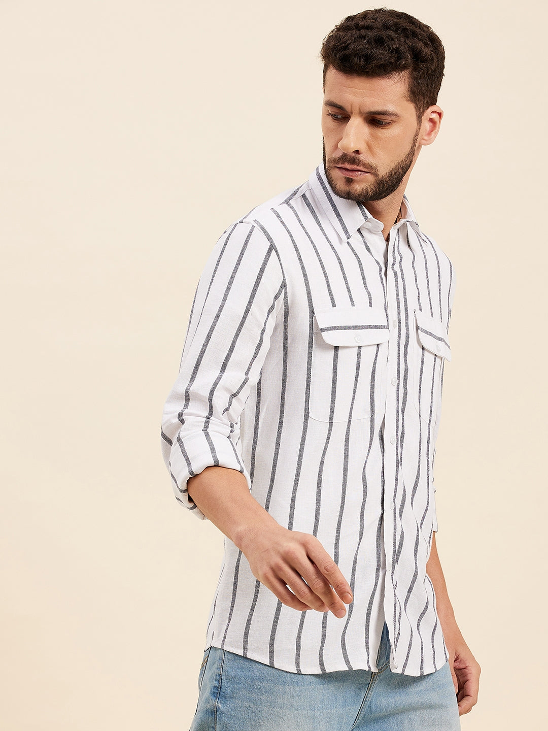 Men White & Grey Breton Stripes Flap Pocket Shirt