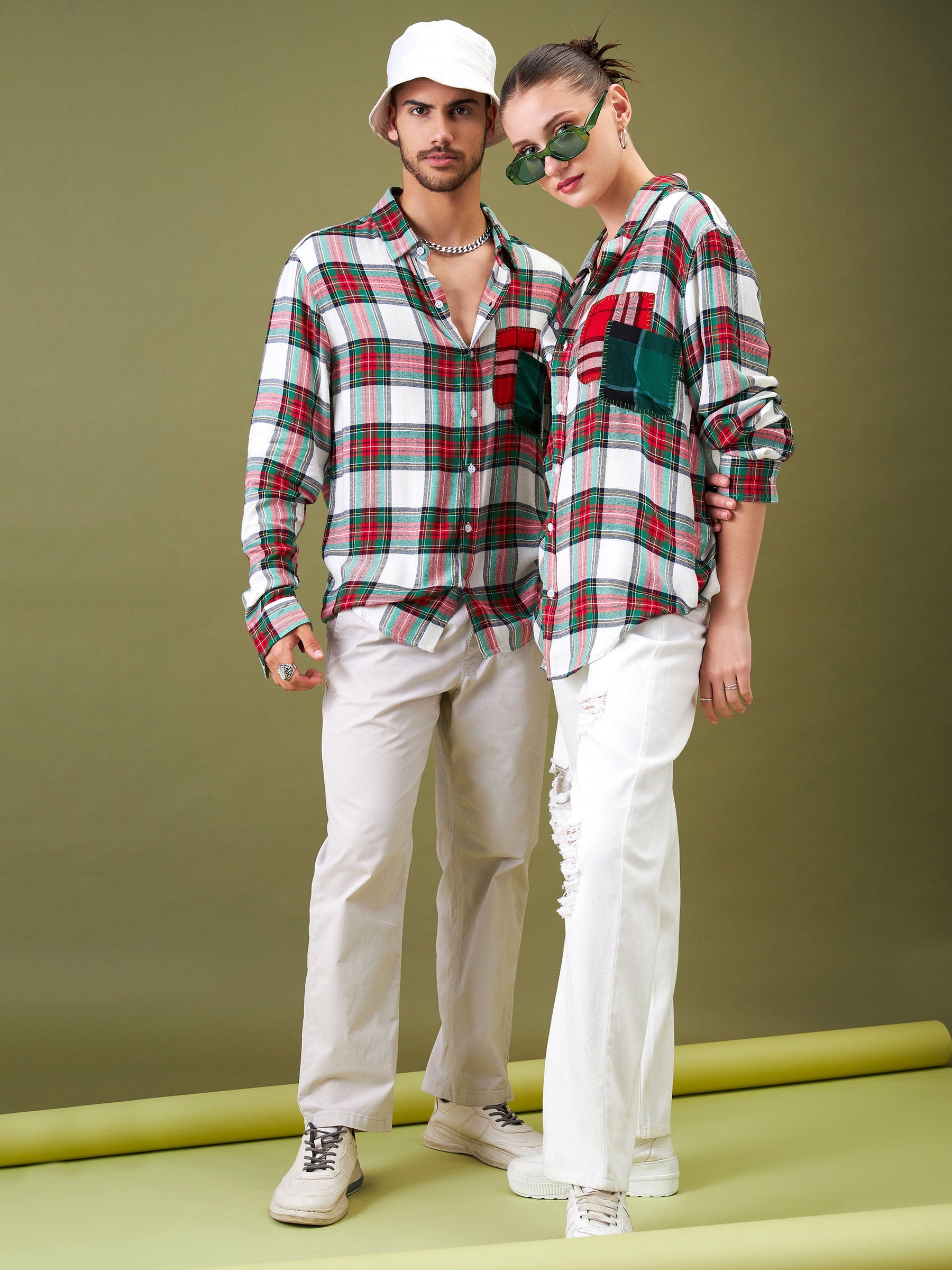 Unisex White & Red Check Pocket Detail Oversized Shirt-MASCLN SASSAFRAS