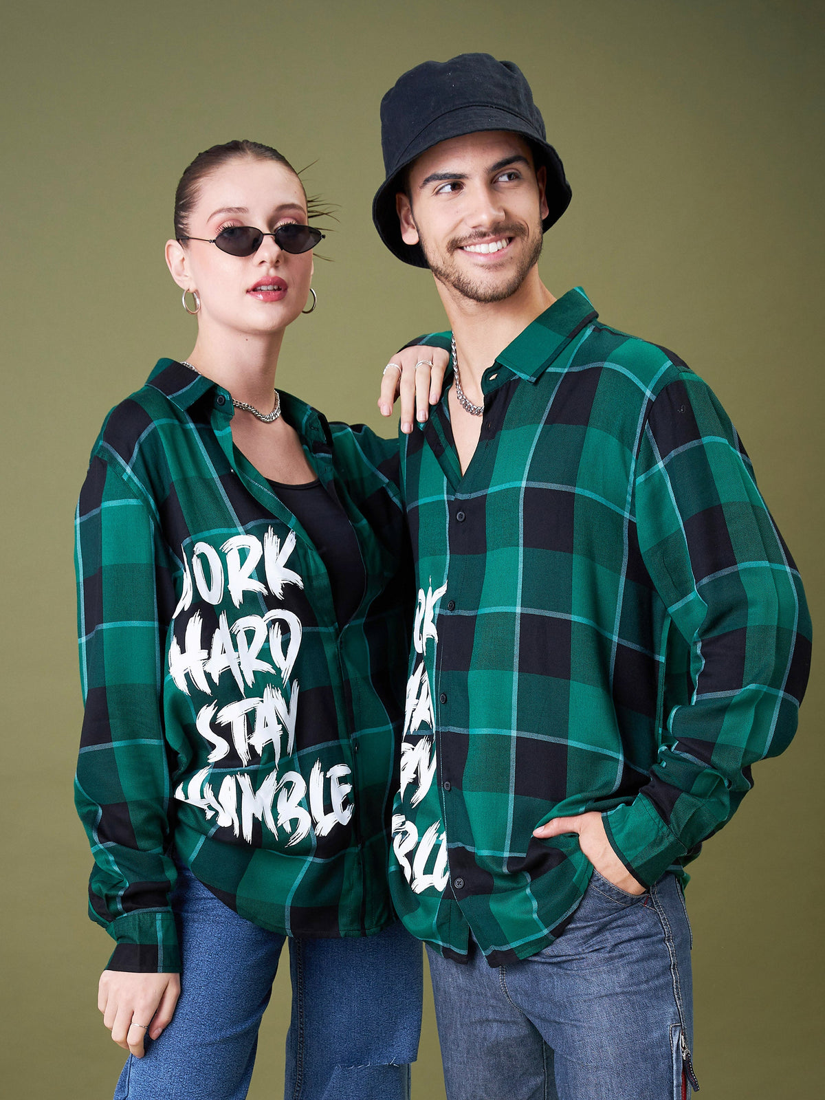 Unisex Green & Black Check WORK HARD Oversized Shirt-MASCLN SASSAFRAS