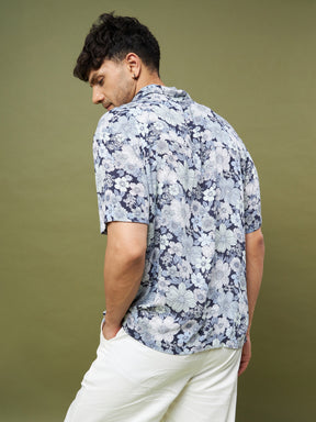 Unisex White & Blue Floral Print Relax Fit Shirt-MASCLN SASSAFRAS