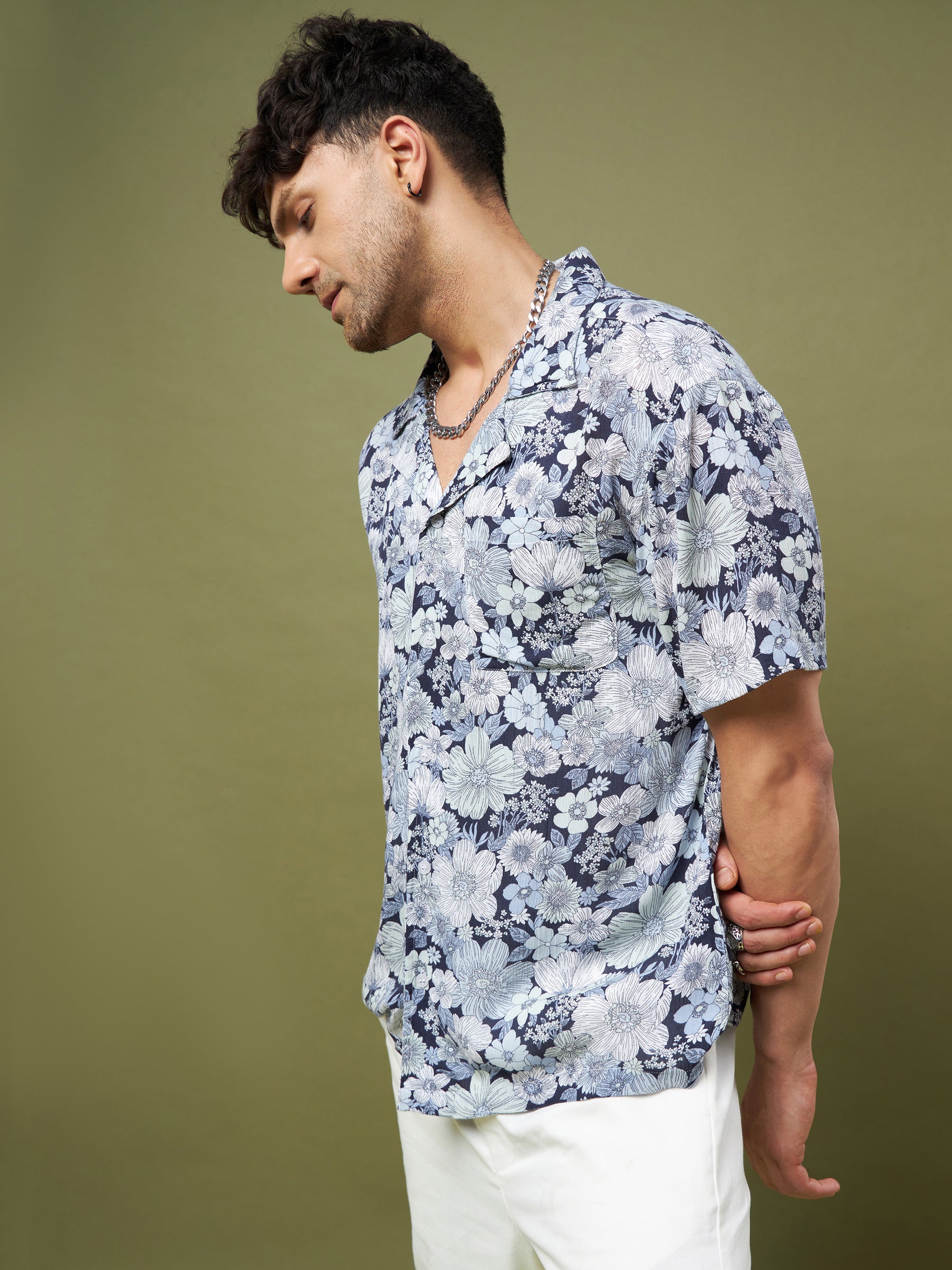 Unisex White & Blue Floral Print Relax Fit Shirt