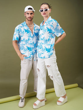 Unisex Blue & White Tropical Floral Relax Fit Shirt-MASCLN SASSAFRAS