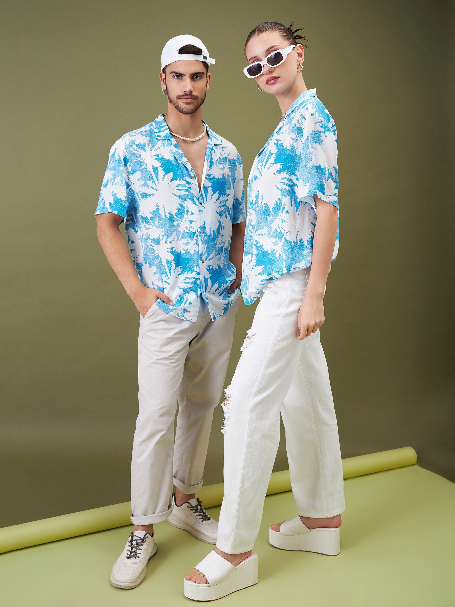 Unisex Blue & White Tropical Floral Relax Fit Shirt-MASCLN SASSAFRAS